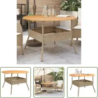 The Living Store Table de jardin avec plateau en bois Beige Ø110x71 cm Poly Rattan