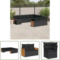 The Living Store 12 pcs. salon de jardin avec coussins noir poly rotin