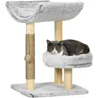 PawHut Abre à chat avec griffoir, arbre à grimper pour chat, 1 niche supérieure avec coussin lavable, 1 niche ronde et 1 balle suspendue en jute, tour de jeux pour chat, hauteur 60 cm, peluche, gris