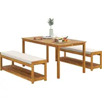 Outsunny Ensemble de meubles de jardin 3 pièces en bois d'acacia, y compris 1 table de salle à manger avec trou pour parasol, 2 bancs, ensemble de meubles de balcon