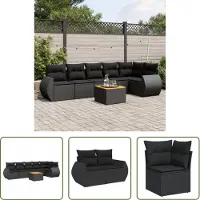 The Living Store 7-pièces salon de jardin avec coussins noir poly rotin