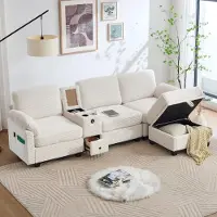 LVHOM Canapé 3 places avec pouf, canapé d'angle en L avec espace de rangement, prise USB-C et 2 porte-gobelets, canapé modulable, beige