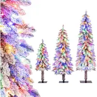 Costway 3 Sapin de Noël artificiel 90+120+150cm, Sapin de Noël avec neige, LEDs blanc chaud & support métallique, Sapin étroit Vert Noël