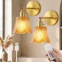 Rosikey 2x applique murale vintage dorée sans perçage avec batterie et télécommande, lampe murale en verre RGB à intensité variable sans fil, veilleuse rétro E27 pour chambre à coucher et couloir