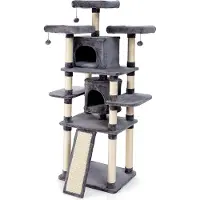 Costway 170cm Arbre à chat Arbre à chat à grimper Arbre à chat à jouer Meubles à griffer Tiges griffues Grotte avec balles de jeu, 2 cavités 60x50x170cm