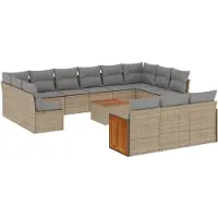 vidaXL Ensemble de salon de jardin 14 pièces avec coussins Beige Poly Rattan