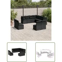 The Living Store 11 pcs. salon de jardin avec coussins noir poly rotin