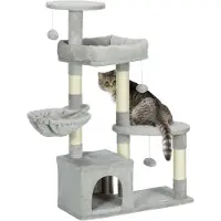 PawHut Arbre à chat arbre à grimper griffoir pour chat hauteur 104 cm centre d'activités multi-niveaux colonnes renforcées 3 boules suspendues gris clair