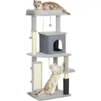 PawHut Arbre à chat 132 cm Arbre à chat avec niche pour chats, balle de jeu, arbre à chat avec colonnes à griffer en sisal, pour chats jusqu'à 6 kg, gris clair