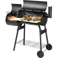 Costway Barbecue au charbon de bois Chariot avec couvercle, smoker 2 en 1 & barbecue avec roues, thermomètre, boîte à feu latérale, table latérale & étagère