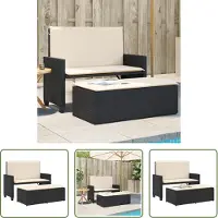 The Living Store Banc de jardin avec coussin et tabouret Noir Poly Rattan