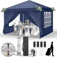 FCH Pavillon pliable 3x3 m Pavillon de jardin avec 4 parties latérales, pavillon avec 4 sacs de sable Pavillon Pop Up Tente de réception,Bleu