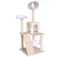 Lionto Arbre à chat, arbre à chat élégant de 133 cm, recouvert de peluche, troncs en sisal robustes & surfaces de repos polyvalentes, beige/blanc