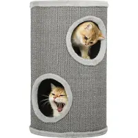 PawHut Arbre à chat, 60 cm de haut, Ø 35 cm, deux étages avec 2 niches, bordure en peluche, tour pour 1 à 2 chats jusqu'à 5 kg, gris clair