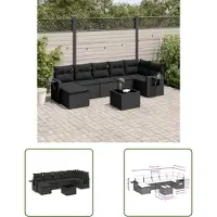 The Living Store Ensemble de jardin canapé 8 pièces avec coussins Noir Poly Rattan