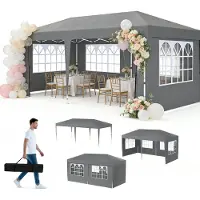UISEBRT Pavillon pliable 3x6 m Pavillon de jardin pliable Imperméable Protection UV Tente de réception avec sac Gris, 6 parois latérales (4 fenêtres, 2 fermetures éclair)