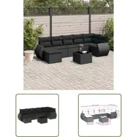 The Living Store Ensemble de jardin canapé 8 pièces avec coussins Noir Poly Rattan