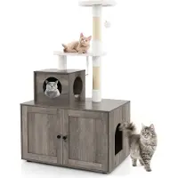 Costway Arbre à chat avec armoire à chat, maison de chat tout-en-un, arbre à chat avec entrée, grotte, tronc en sisal & balle de jeu 77,5x49x132cm Gris