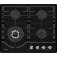 Heinner HBH‑M447IWFGBK Table de cuisson à gaz encastrable 60 cm, 4 brûleurs à gaz, wok, fonte, allumage, noir