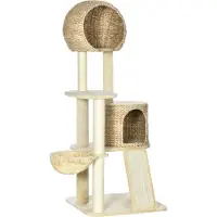 Fortuna Lai Arbre à chat avec maison en rotin, plusieurs plateformes, hamac et rampe, protection anti-basculement, peluche, beige, 60 x 60 x 150 cm