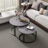 WISFOR Table basse Lot de 2 en pierre frittée, Table basse moderne avec double pieds en métal, Table basse ronde aspect marbre, Gris foncé