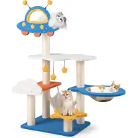 Costway Arbre à chat 124cm, arbre à chat thème espace avec plateforme OVNI, jouets, griffoirs en sisal, hamac & capsule spatiale, meuble pour chats bleu