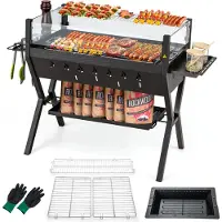 Costway Barbecue au charbon de bois avec étagères à épices, tablette, pare-vent et gants, barbecue de camping, barbecue BBQ