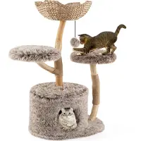 Costway 105cm Arbre à chat en bois, arbre à chat avec grotte pour chats, 2 sièges en peluche, panier & balle, arbre à chat à grimper pour chats, brun