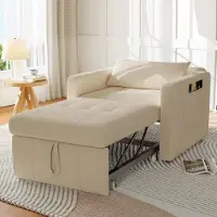 UnboxG Canapé-lit pour 1 personne, beige, tissu chenille, dossier réglable en 5 positions, canapé avec tablette & sac de rangement