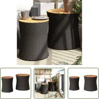 The Living Store Tables d'appoint de jardin 2 pcs. avec plateau en bois noir Poly rotin