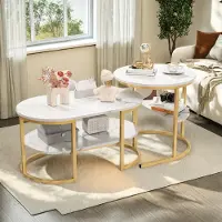Fortuna Lai Table basse, set de 2, aspect marbre, cadre métallique, table basse pour le salon, Golden