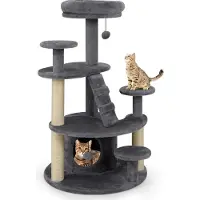 StarTech.com Arbre à chat et arbre à grimper - Tour à plusieurs étages pour chat - Bois - 5+ niveaux - Avec grotte - Échelle - Plateformes et balle - Colonnes à griffer - Gris