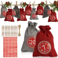 Jayseuw 24 Calendriers de l'Avent à remplir, Sachets cadeaux en tissu Noël pour calendriers de Noël, Sachets pour calendriers de l'Avent avec 1-24 chiffres de l'Avent étiquettes cadeaux,rouge/gris