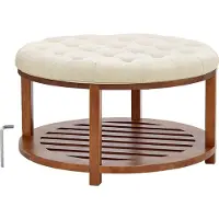 SucceBuy Grande table basse ronde (810 x 810 x 476 mm) avec plateau en bois massif, ottomane rembourrée avec repose-pieds en lin pour la chambre ou le salon, supporte jusqu'à 158,76 kg, couleur lin