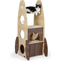 Costway Petit arbre à chat, forme fusée, arbre à chat avec maison à 2 étages, plateformes, tapis à griffer en sisal et balle, meuble pour chat en bois brun + naturel