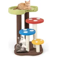 Costway Centre de jeu 3 en 1 94cm, arbre à chat à 5 étages avec 3 poteaux en sisal, tapis amovible et plates-formes en forme de champignon