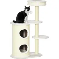 Fortuna Arbre à chat Lai avec tonneau à griffer, 1 panier et jouets pour chat, 59 cm x 35 cm x 100 cm, blanc crème