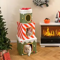 Costway Cave à chats à 3 étages pour Noël, 120 cm, boîtes cadeaux empilables avec neige, ruban & balle, maison pour chats en peluche, lit pour chats