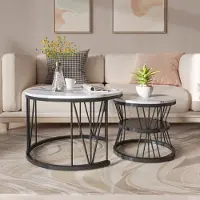 ProximaX Tables basses rondes gigognes – Plateau effet marbre blanc avec structure en métal noir en forme de V – Design moderne et élégant