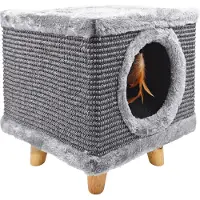Mersjo Griffoir robuste pour chat, petit 38cm, gris avec plume et lit Cabin I