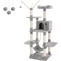 Feandrea Arbre à grimper XXL, bourrelet stable avec hamac, creux, jouer avec du sisal, 154 cm, gris clair