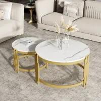 Flieks table basse, set de 2 tables rondes en marbre, table de salon avec cadre métallique doré, table d'appoint de style moderne, blanc
