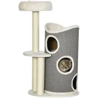Fortuna Lai Arbre à chat 109 cm avec tonneau à griffer et lit pour chat, colonnes en sisal, moderne, blanc et gris, pour les amoureux des chats
