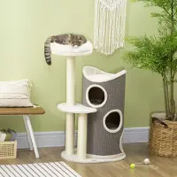 SUCCESS COURIER Arbre à chat de 109 cm avec tonneau à griffer et panier, poteaux en sisal, style moderne blanc et gris pour les amoureux des chats