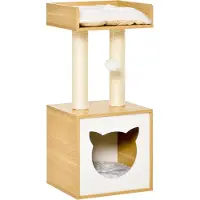 StarTech.com Kratzbaum pour chat - Maison pour chat avec cachette et lit - En bois et en sisal - Arbre à grimper d'intérieur - Livré avec 2 coussins moelleux