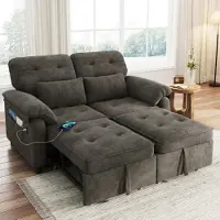 Merax Canapé-lit 3 en 1 , canapé-lit 2 places avec fonction couchage, dossier réglable, avec ports USB et Type-C, 2 coussins, canapé-lit, gris