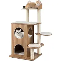 Costway Arbre à chat en bois 122 cm, arbre à chat avec niche à 2 étages, plateformes, coussins et poteaux à griffer en sisal, arbre à chat, meuble pour chat, naturel