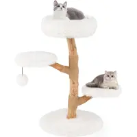 Costway Arbre à chat en bois 90cm, arbre à chat avec 4 sièges en peluche, balle & poteau griffoir en jute, tour pour chats Meubles pour chats en bois massif, arbre à grimper, blanc