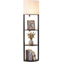 Costway Lampadaire à 3 niveaux avec étagères, lampe d'étagère en bois avec éclairage LED à intensité variable, abat-jour en lin et interrupteur au pied, lampadaire moderne, triangulaire