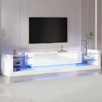 OKWISH Meuble TV 181 cm – Blanc brillant – 2 tiroirs rabattables – Avec LED – Blanc